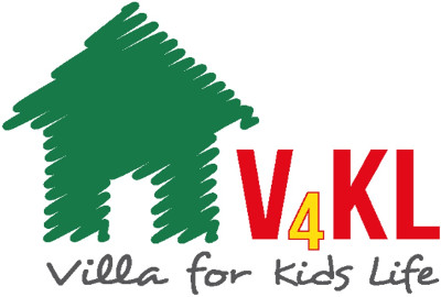 Villa for Kids Life - Gezeichnetes, gruenes haus mit den Schriftzügen V4KL und Villa for kids Life.