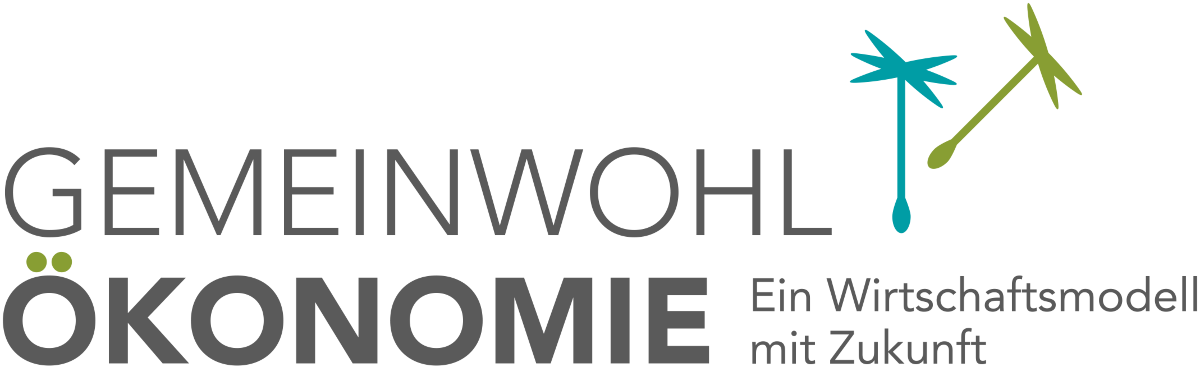 Logo (2 stilisierte Pusteblumen in Blau und Grün) und Schriftzug der Gemeinwohl Ökonomie.