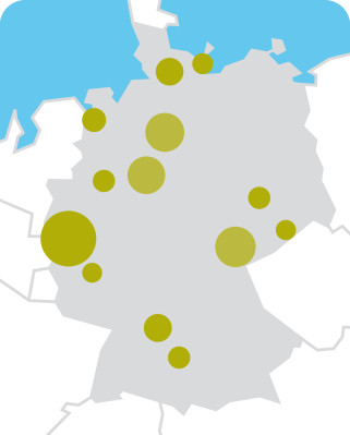 Deutschlandkarte mit mehreren Punkten auf der Karte (Spots) um Kirchenstandorte in Deutschland aufzuzeigen.