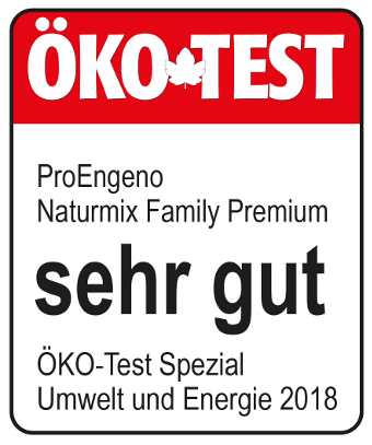 Siegel Stiftung Ökotest mit dem Text ProEngeno Naturmix Family Premium, Sehr gut, Öko-Test Spezial Umwelt und Energie 2018.